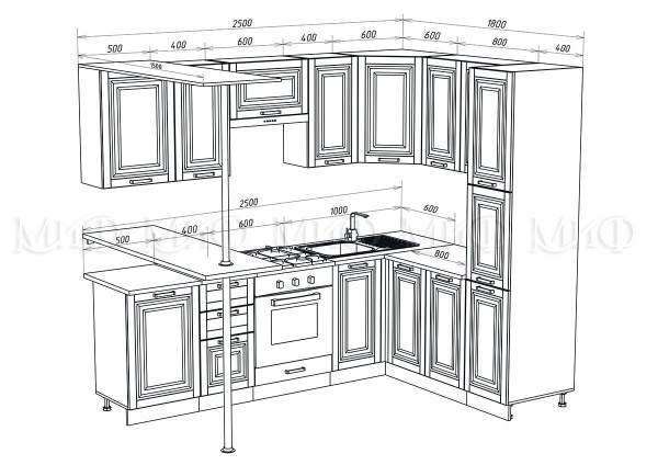 Кухонный Гарнитур Угловой Элит №1 2500 х 1800 мм/Разные Цвета