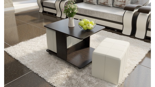 Стол Журнальный с Пуфиками «Капри» Венге Цаво/Кож.Зам Светлый/Ш-600× Д-800 × В-500 мм